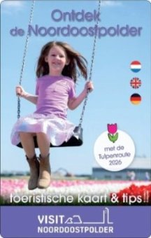 De voorkant van de toeristische kaart, met daarop een meisje op een schommel bij het Tulpenbelevingsveld