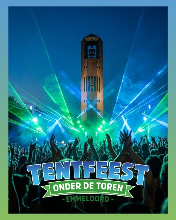 Een feestende menigte onder de Poldertoren