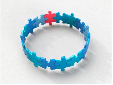 Blauwe puzzelstukjes en één rode stukje die samen een cirkel vormen