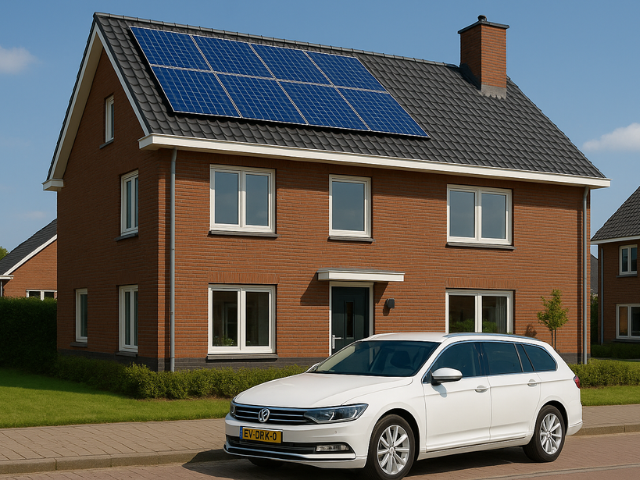 Nieuwbouwhuis met zonnepanelen en schone auto