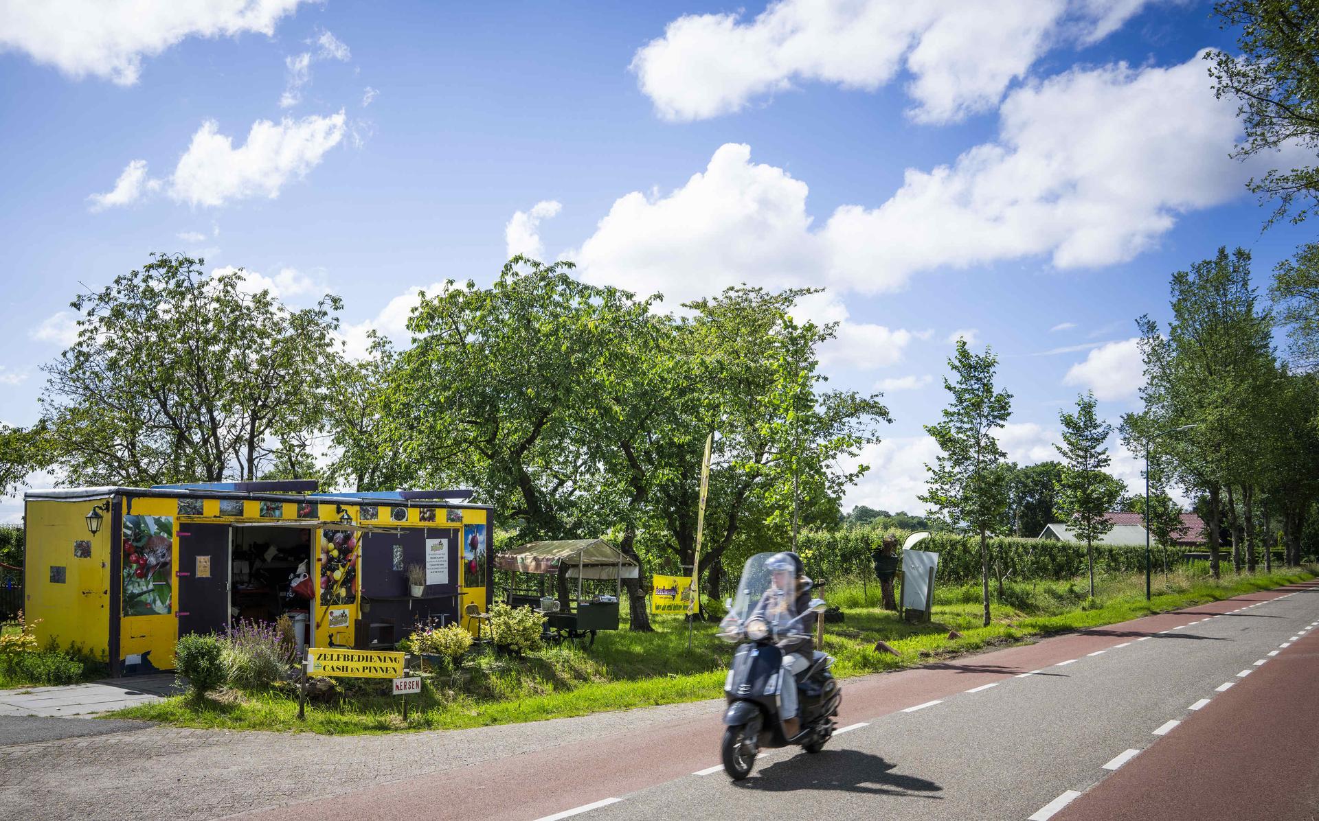 Een scooter rijdt langs een stalletje langs de weg waar lokale producten worden verkocht.