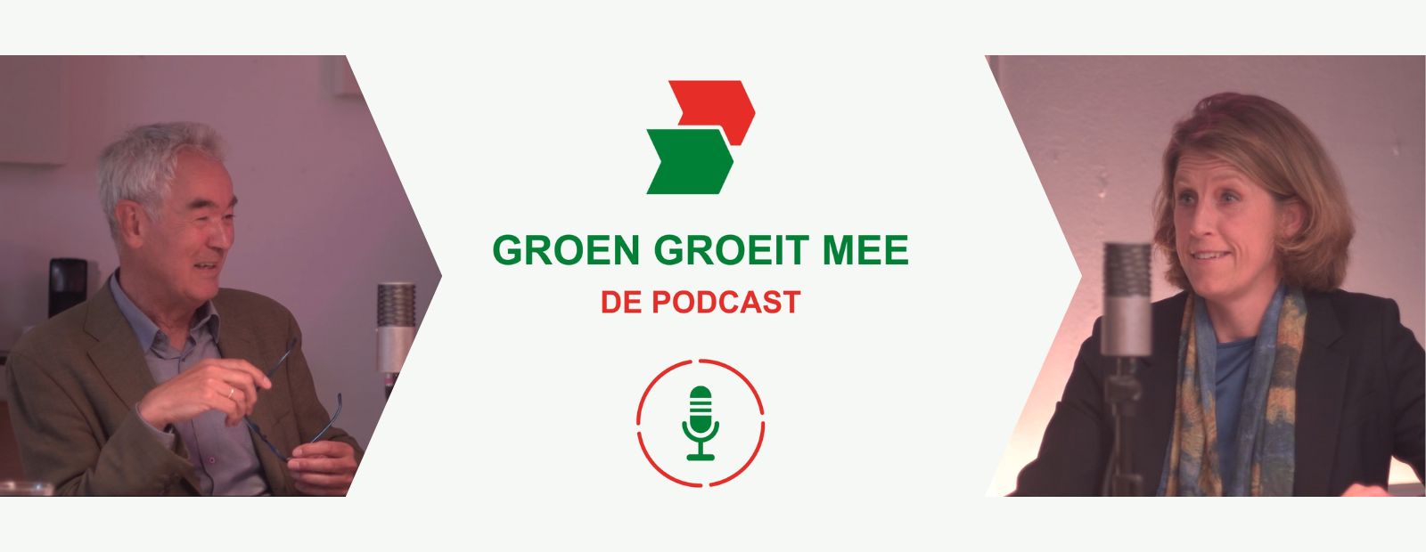 Banner met foto's van interviewer Harry Boeschoten en gast Helma Born, zij flankeren de tekst Groen Groeit Mee, de Podcast.