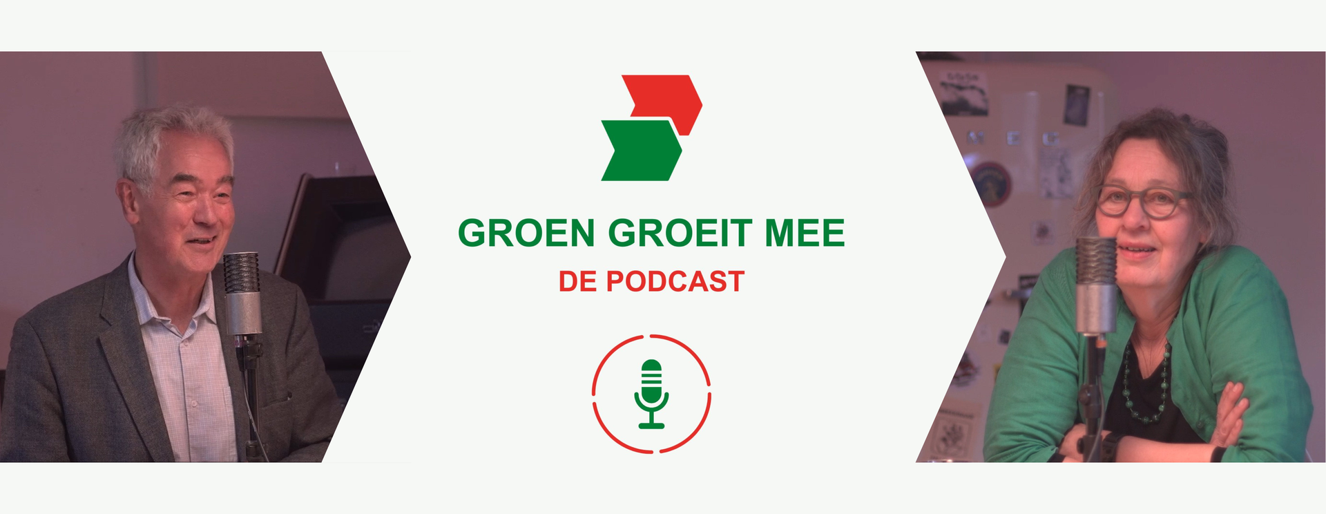 Banner met foto's van interviewer Harry Boeschoten en gast Jannemarie de Jonge, zij flankeren de tekst Groen Groeit Mee, de Podcast.