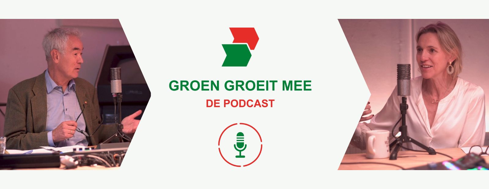 Banner met in het midden het logo van Groen Groeit Mee, geflankeerd door een foto van Harry Boeschoten en Mirjam Sterk