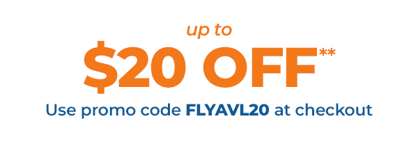Up to $20 off” promo code. Use promo code FLYAVL20.
