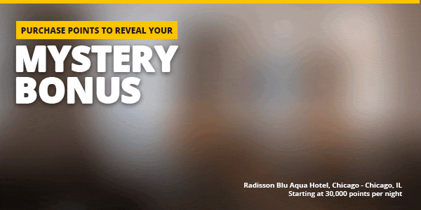 Photo of a Radisson Blue Aqua Hotel, Chicago with text 'PURCHASE POINTS TO REVEAL YOUR MYSTERY BONUS'
