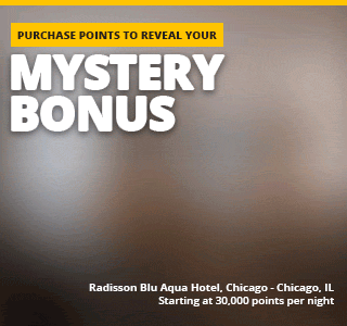 Photo of a Radisson Blue Aqua Hotel, Chicago with text 'PURCHASE POINTS TO REVEAL YOUR MYSTERY BONUS'