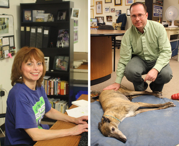 Christine and Carey working to save greyhounds