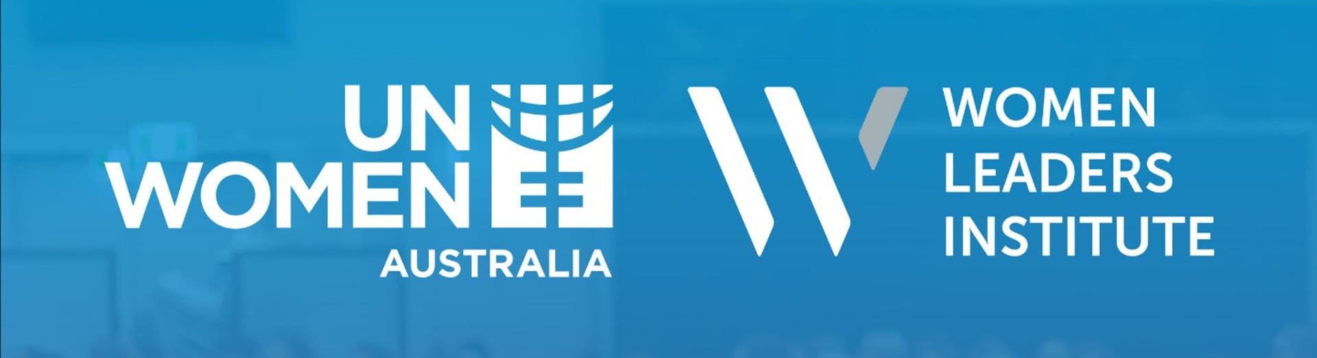 Blue background with UN Women Australia and Women Leaders Institute logos in white.