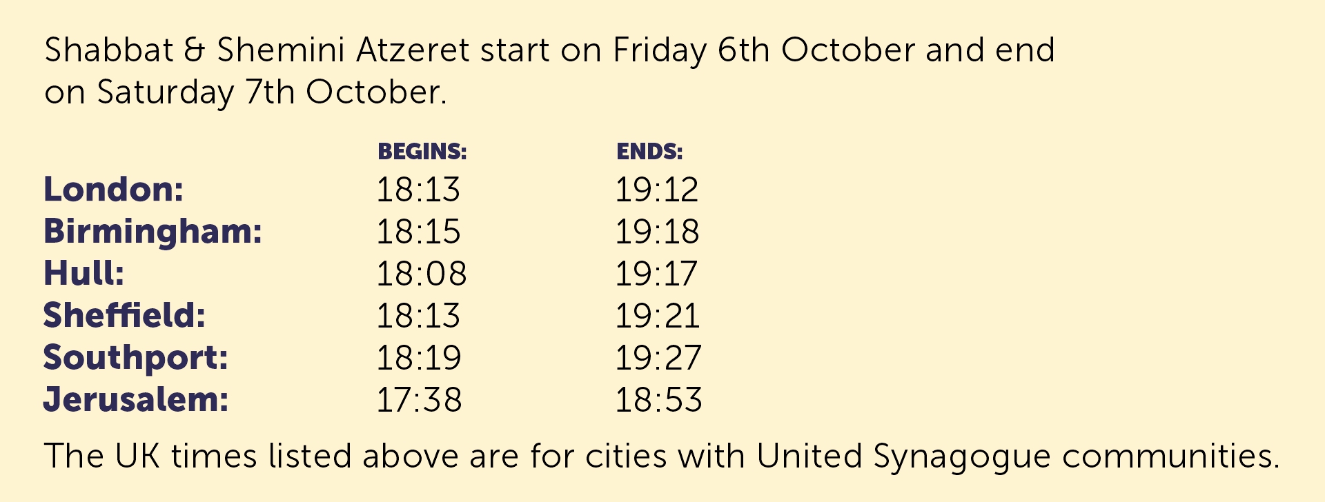 Shabbat & shemini atzeret times