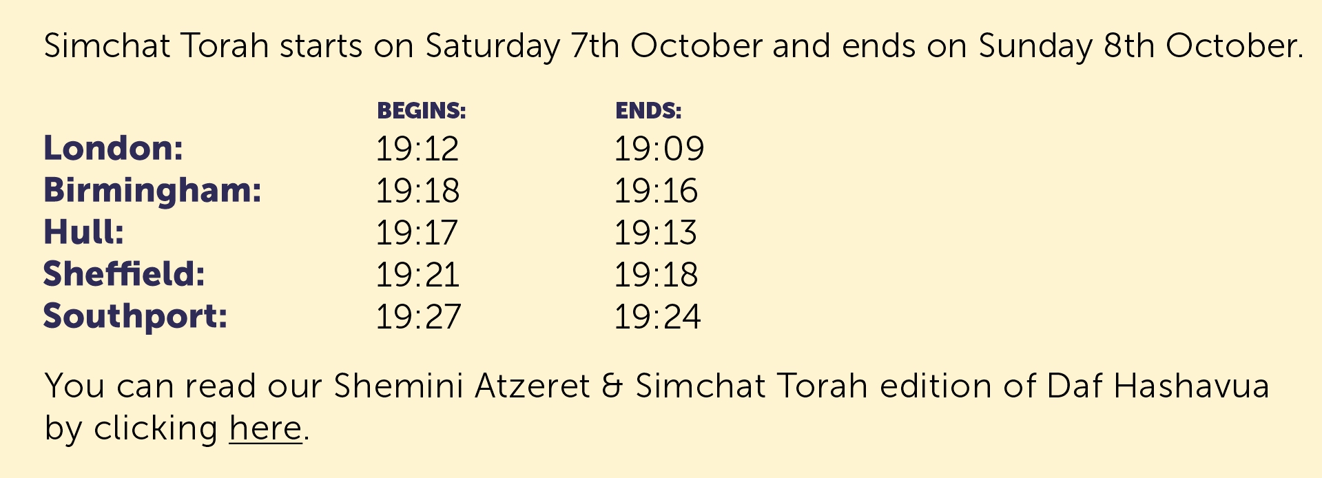 Simchat Torah times