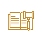 Simple line drawing of an open book with a gavel beside it.