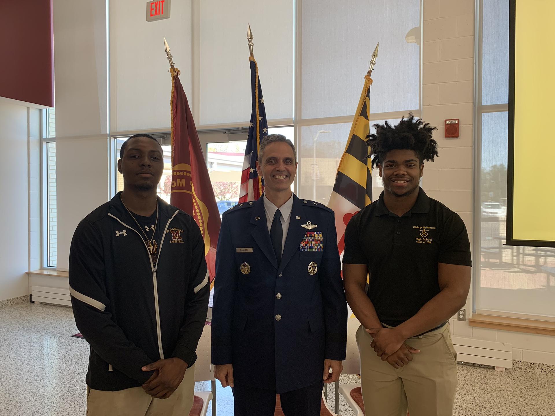 Image April 10 2019 Spotlight Image Today Bishop Mcnamara High School Was Proud To Host Major General Steven Basham As A Guest Speaker For Our Students Major General Basham Pictured Left With Brookes Yates 18 And Tyme Brit Collins 19