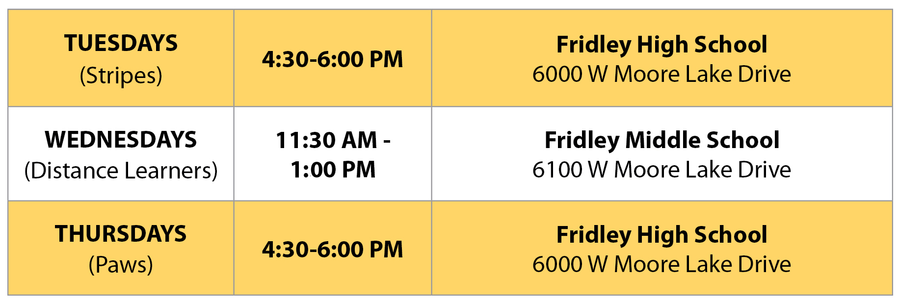 Meal Pick Up Schedule Chart