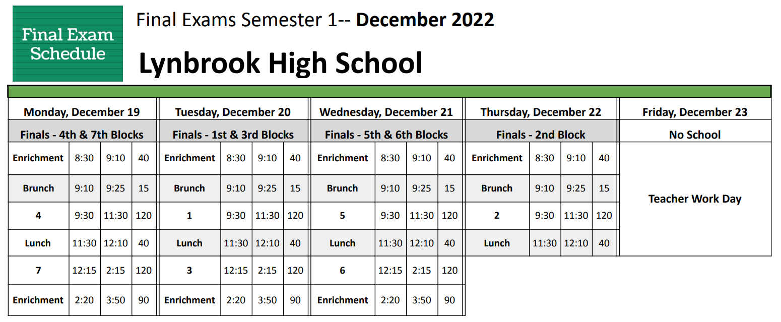 Final Exams Bell Schedule Semester 1