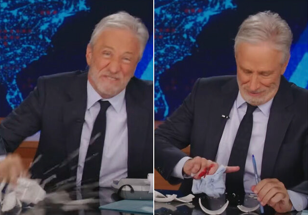 ‘Daily Show’ Host Jon Stewart Slashes Hand Open While Pounding Desk in Anti-DOGE Tirade