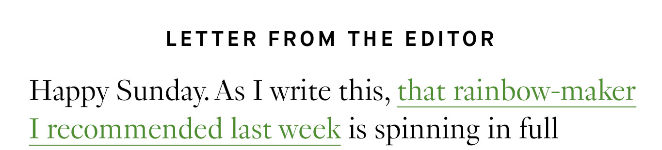 Letter from the Editor. Happy Sunday. As I write this, that rainbow-maker I recommended last week is spinning in full