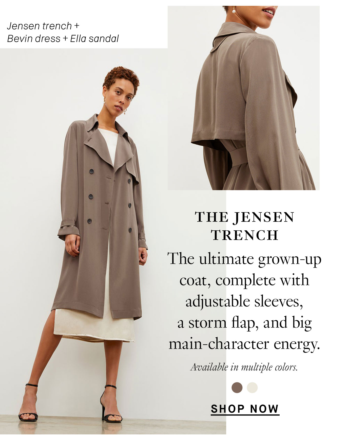 The Jensen trench: The ultimate grown-up coat, complete with adjustable sleeves, a storm flap, and big main-character energy. Shop now.