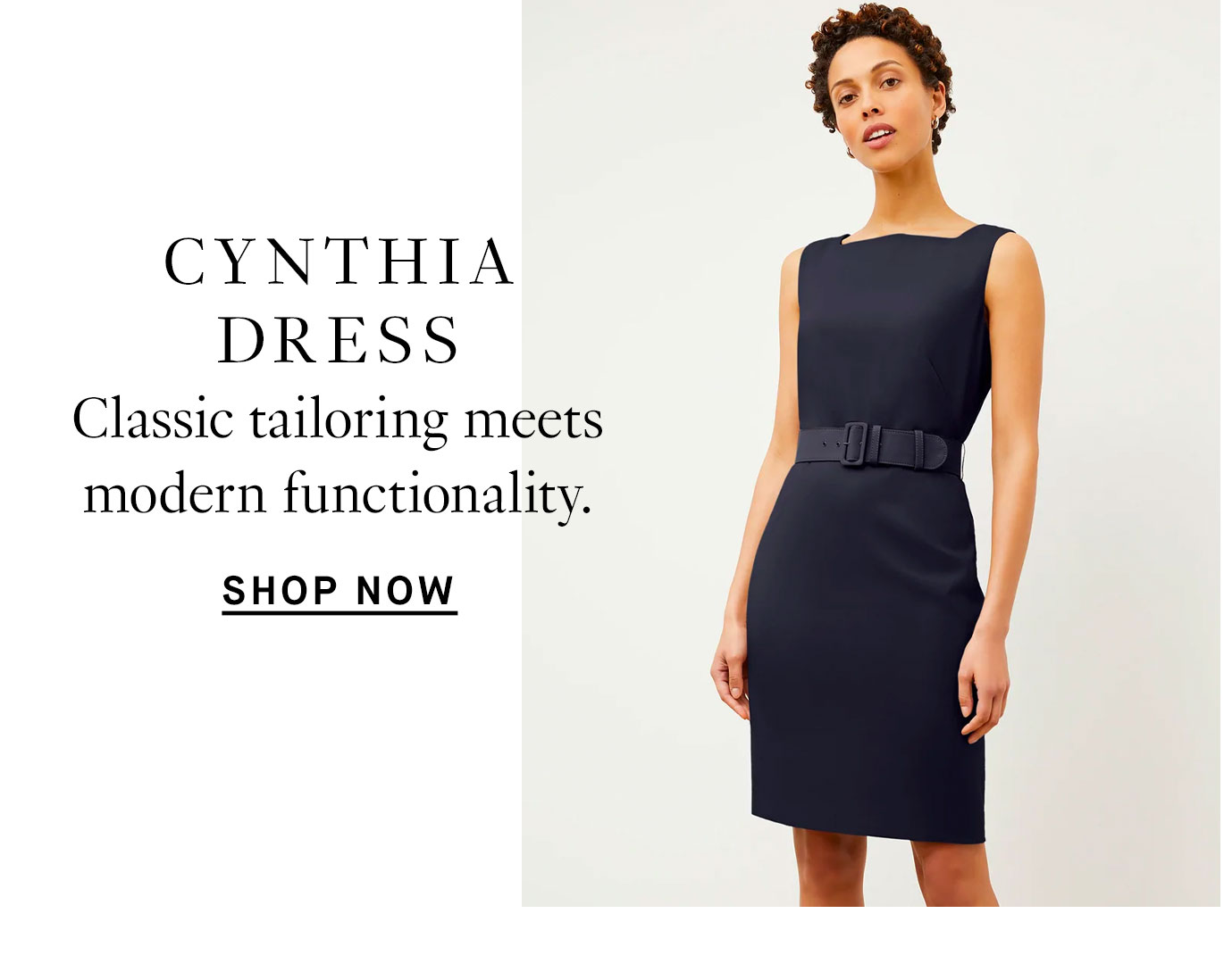 The Cynthia Dress: Classic tailoring meets modern functionality. Shop now.