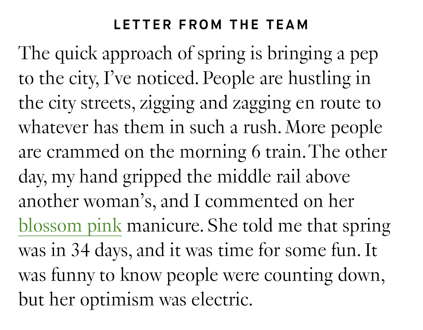 Letter from the team. The quick approach of spring is bringing a pep to the city, I’ve noticed. People are hustling in the city streets, zigging and zagging en route to whatever has them in such a rush. More people are crammed on the morning 6 train. The other day, my hand gripped the middle rail above another woman’s, and I commented on her blossom pink manicure. She told me that spring was in 34 days, and it was time for some fun. It was funny to know people were counting down, but her optimism was electric.