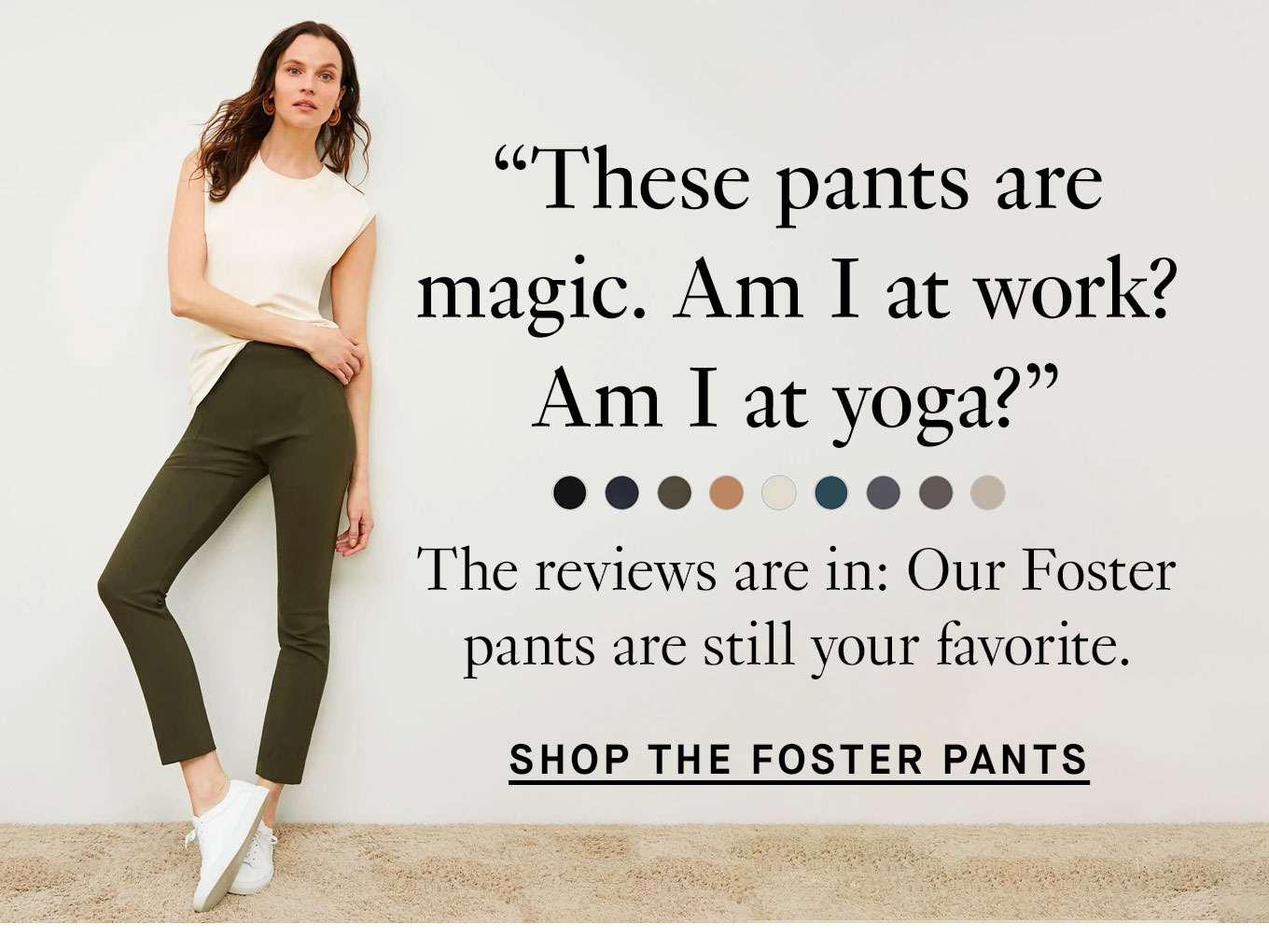 Woman wearing the Foster Pant in Dark Olive to shop the Foster Pants.