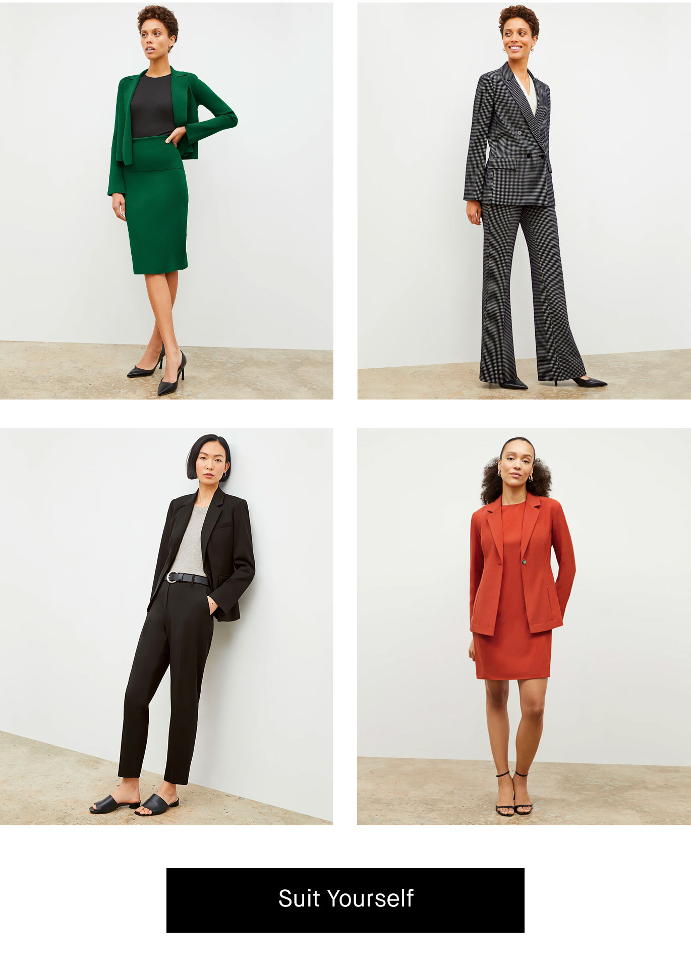 4 images of women wearing suits