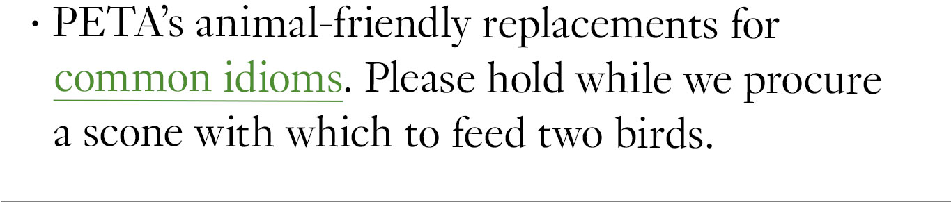 PETA’s animal-friendly replacements for common idioms. Please hold while we procure a scone with which to feed two birds.