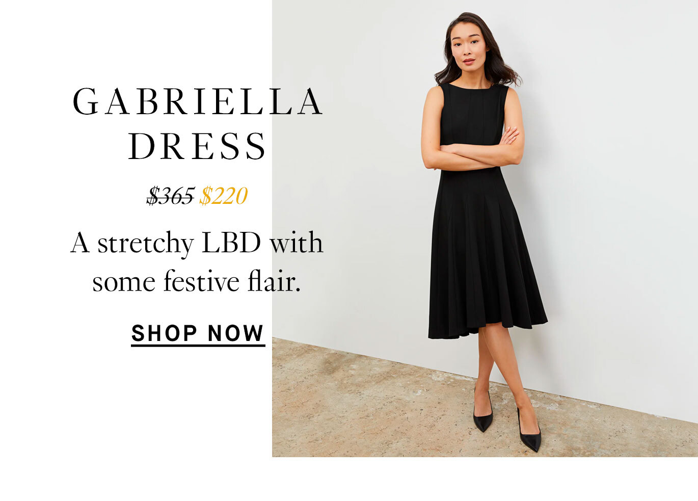 Gabriella Dress, from $365 to $220. A stretchy LBD with some festive flair. Shop Now.