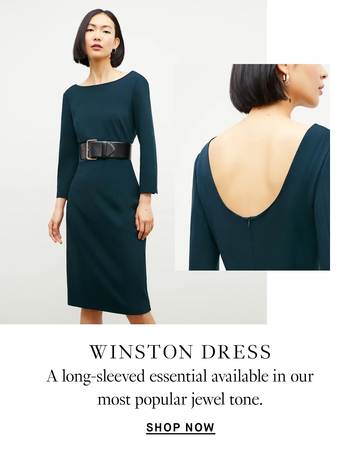 More Head-Turning Dresses. Winston Dress: A long-sleeved essential available in our most popular jewel tone.