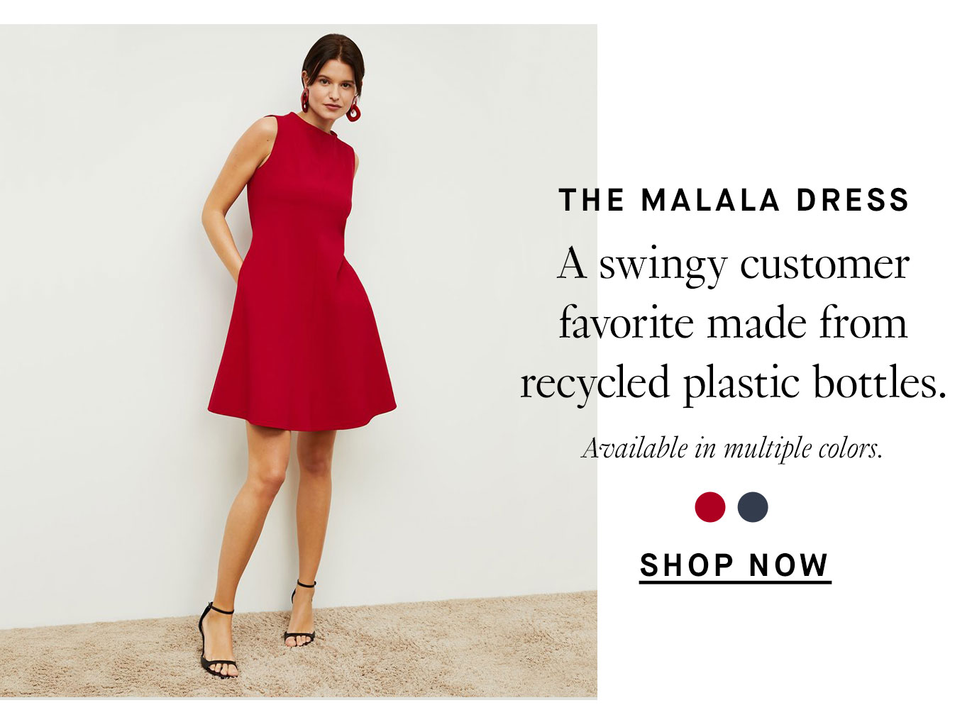 The Malala dress: A swingy customer favorite made from recycled plastic bottles. Shop now.