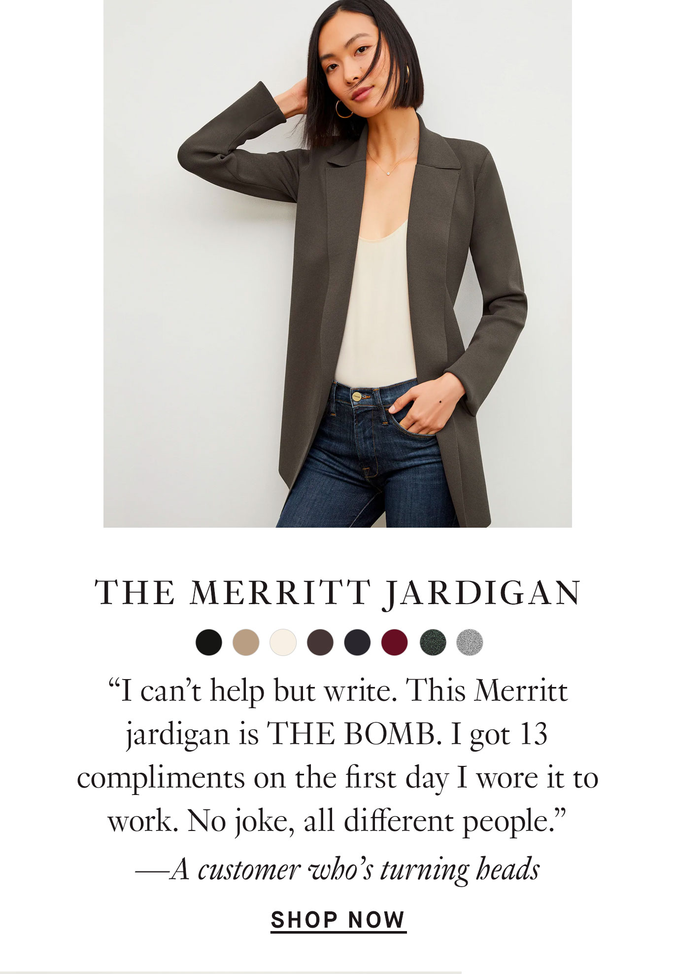 woman wearing the merritt jardigan with a customer quote