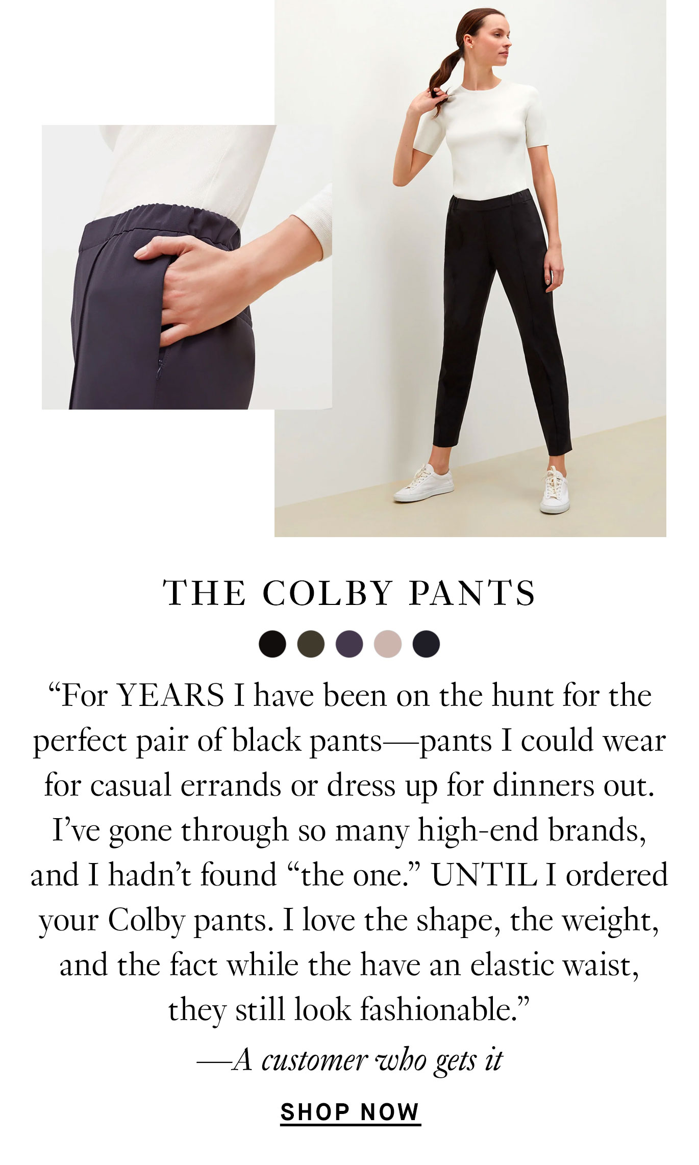 images of women wearing the colby pants and a customer quote