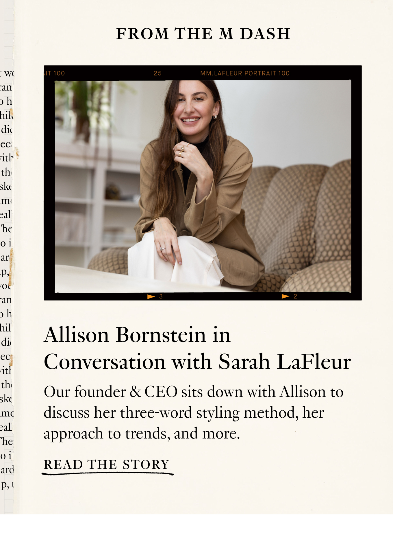 Allison Bornstein in Conversation with Sarah LaFleur. Our founder & CEO sits down with Allison to discuss her three-word styling method, her approach to trends, and more. Read the Story.