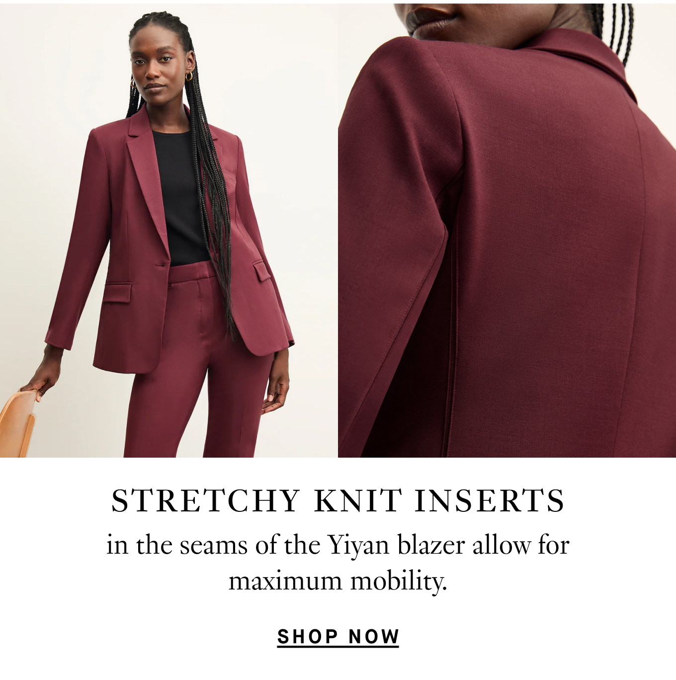 Stretchy knit inserts in the seams of the Yiyan blazer allow for maximum mobility. Shop now.