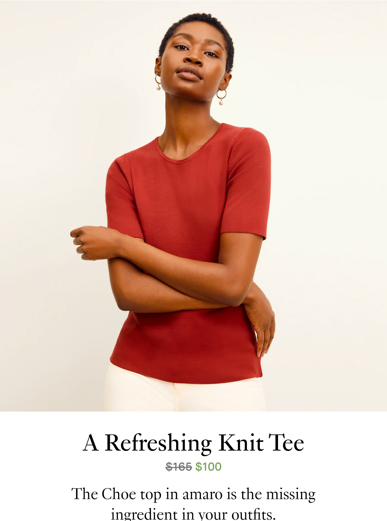 A Refreshing Knit Tee. The Choe top in amaro is the missing ingredient in your outfits.