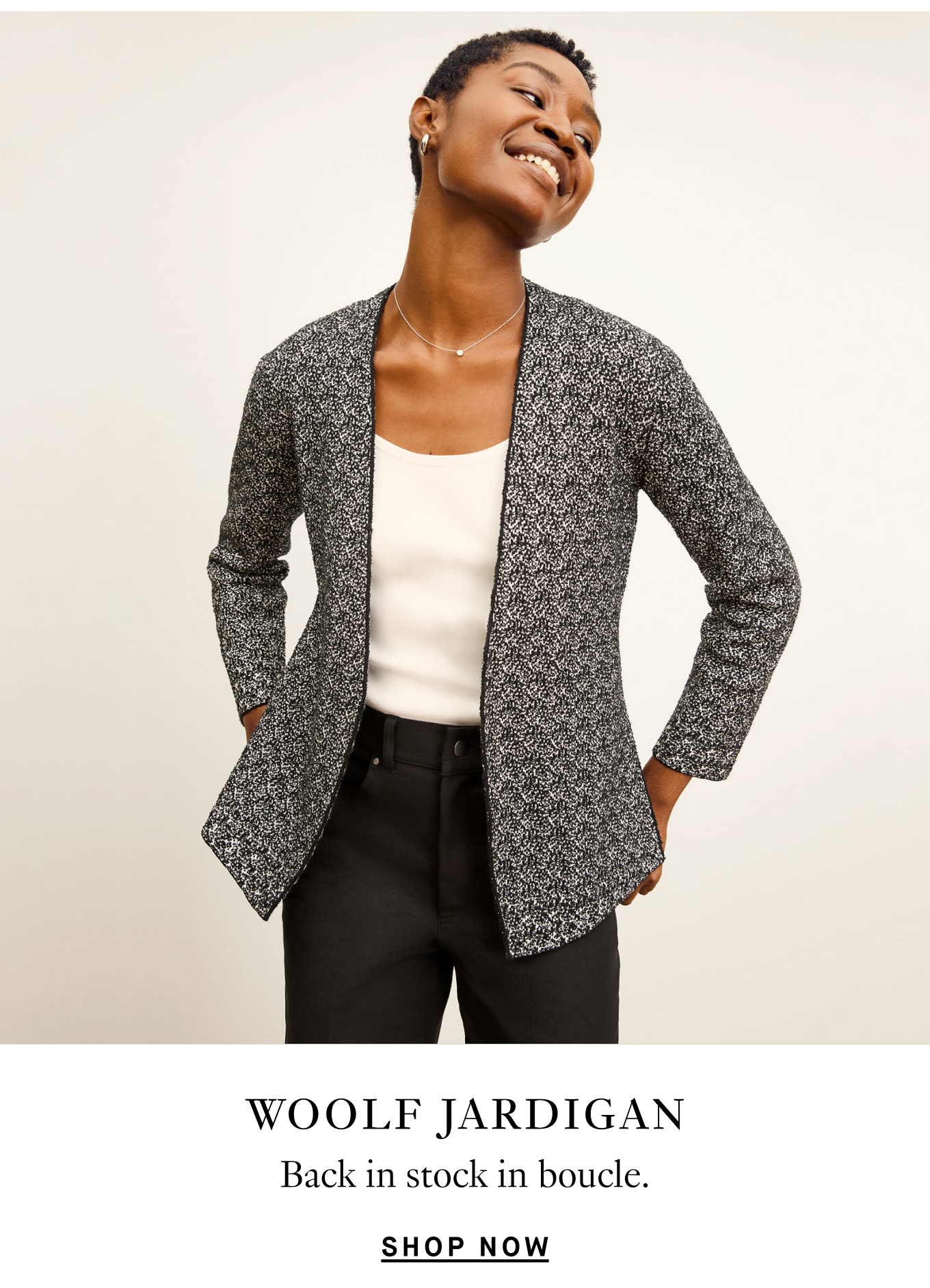 Woolf Jardigan: Back in stock in boucle. Shop Now.