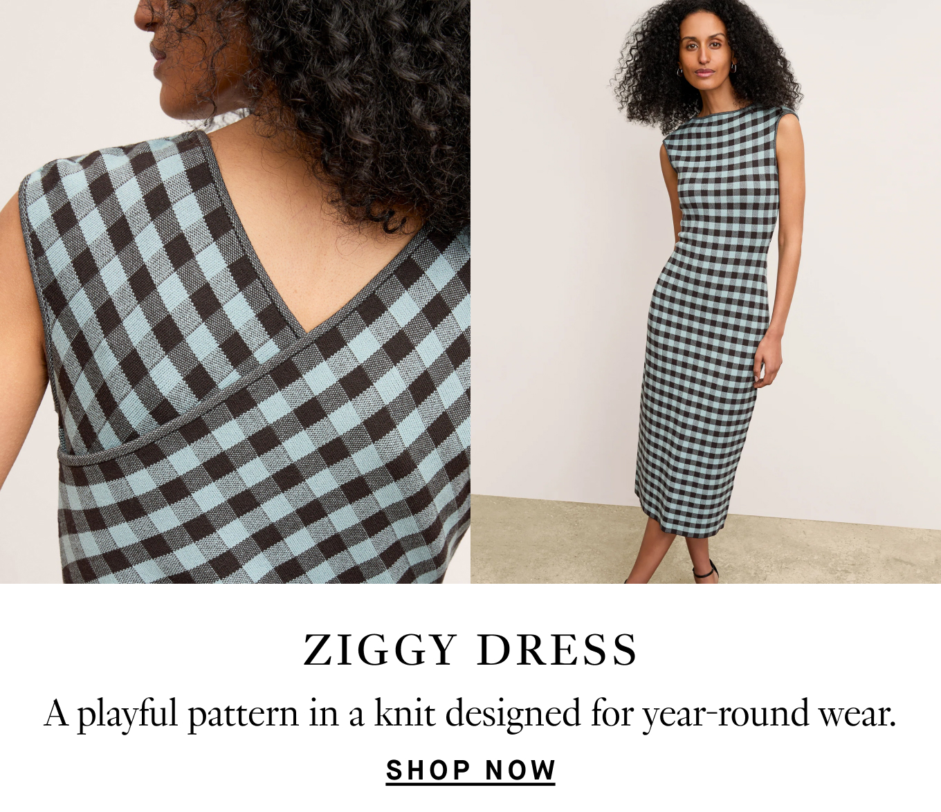 Ziggy Dress: A playful pattern in a knit designed for year-round wear. Shop Now.