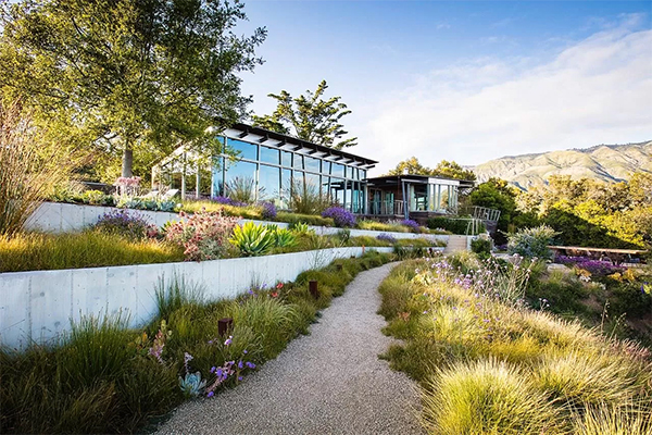 Mmodern home with large windows surrounded by trails