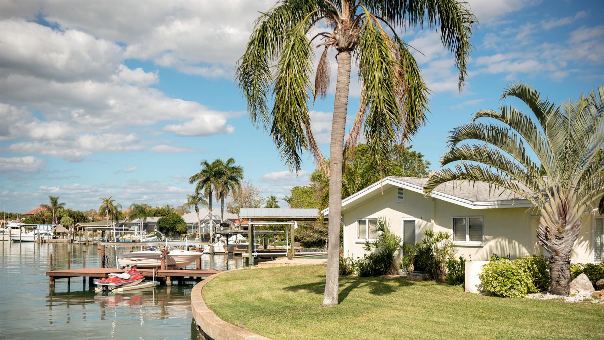 House on the water with a palm tree in the yard