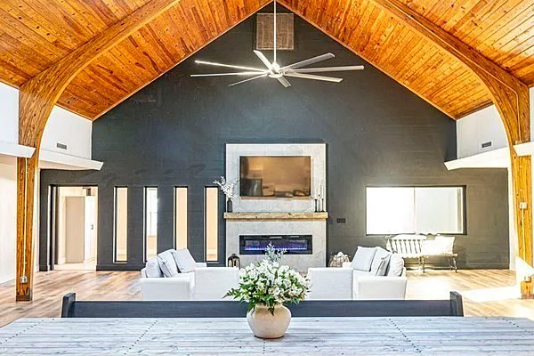 living room with tall ceilings