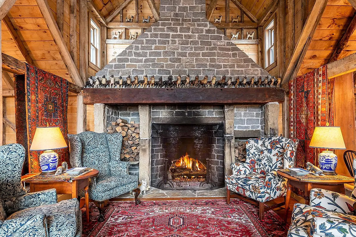 living room with big fireplace