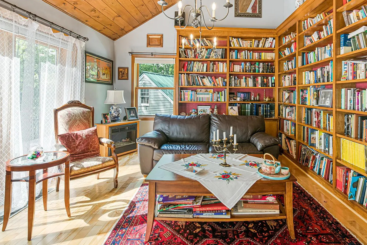 a library in the living room