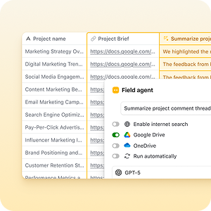 Airtable grid with a Field agent menu showing AI actions and Drive integrations