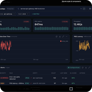 Dark monitoring dashboard with error, latency, throughput, and alerts