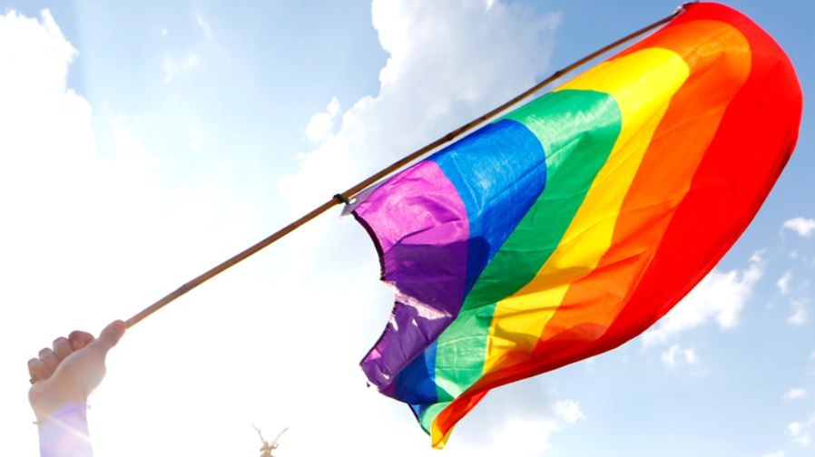 Someone holding a rainbow flag