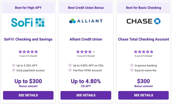 A screenshot showing three bank promotions — one for SoFi, one for Alliant Credit Union, and One for Chase Banking - Click to see details