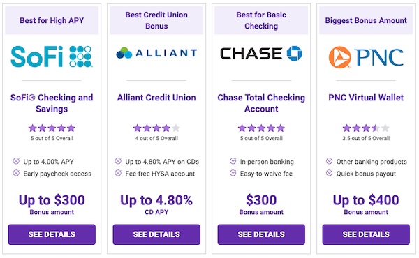 A screenshot showing three bank promotions — one for SoFi, one for Alliant Credit Union, and One for Chase Banking - Click to see details