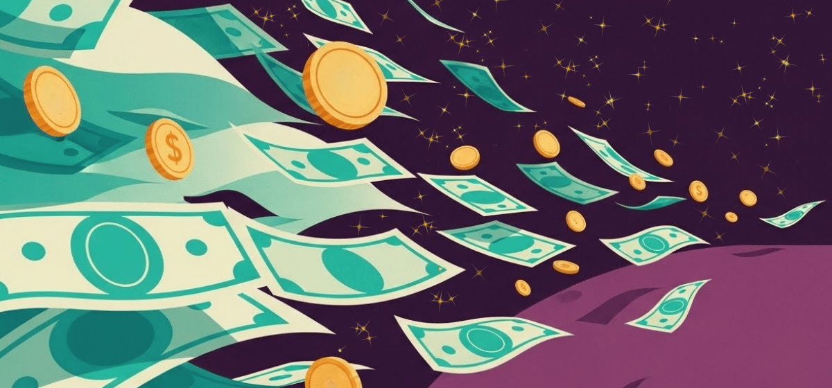 Dollar bills and coins floating in outer space