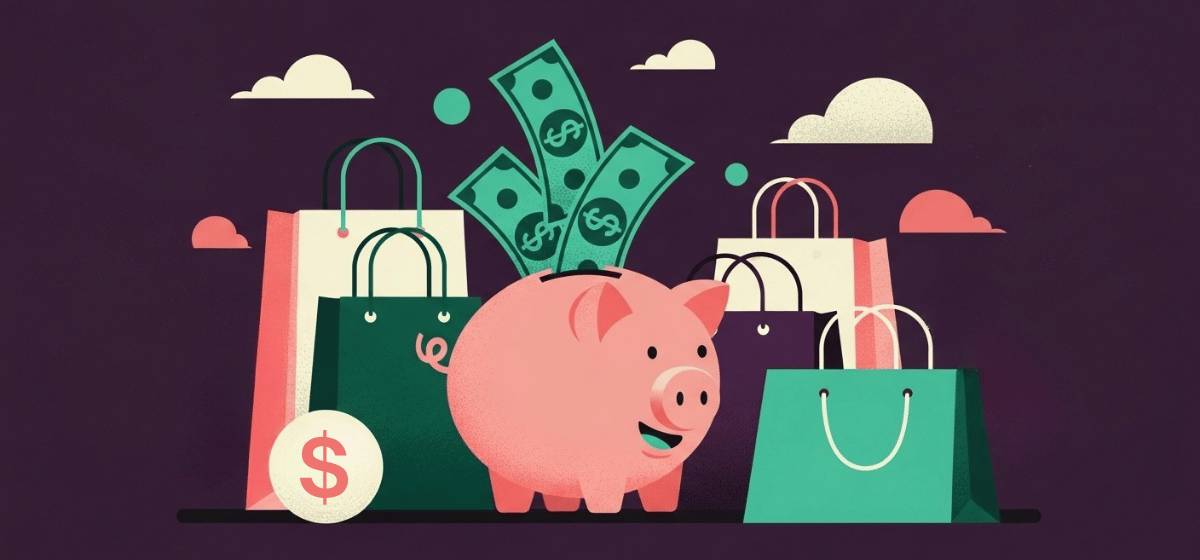 An overflowing piggy bank next to shopping bags