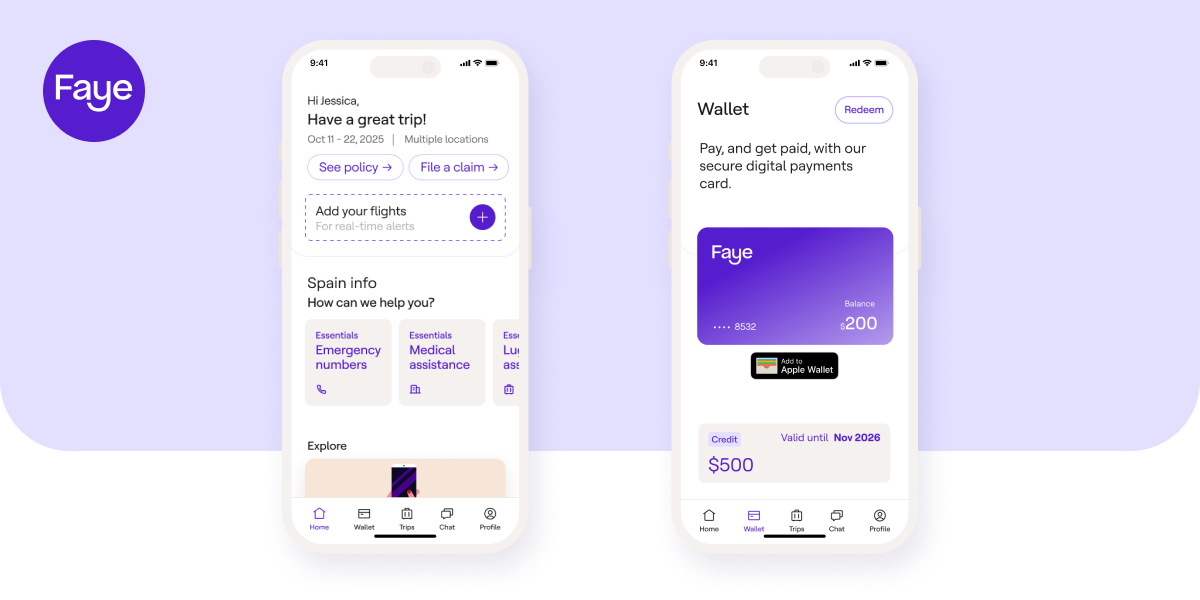 a smartphone showing the Faye Travel Insurance experience
